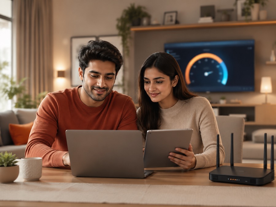 A couple checking their broadband speed on a laptop at home, with a router on the table