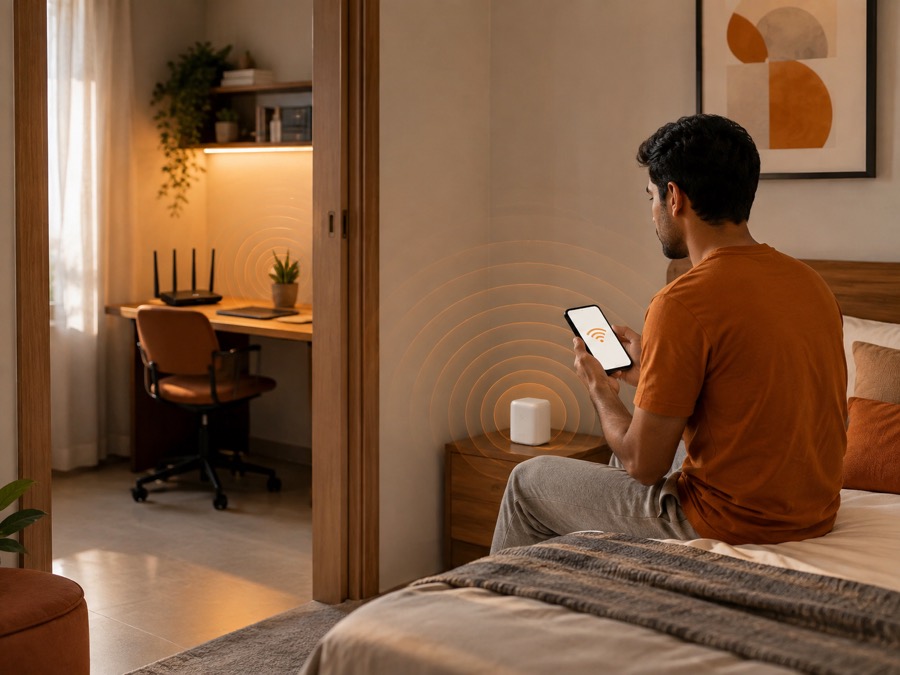 A man checking Wi-Fi signal on his phone in a bedroom, the router two rooms away